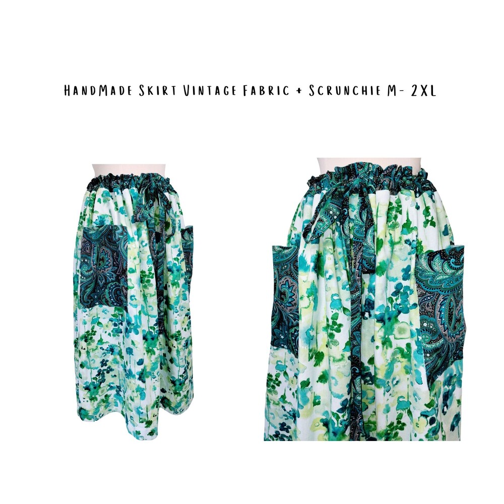 Handmade skirt big pockets. Tie waist. Retro fabric. Matching scrunchie. M-XXL